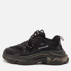 Balenciaga Black Faux Leather and Mesh Triple S Low Top Sneakers Size 45