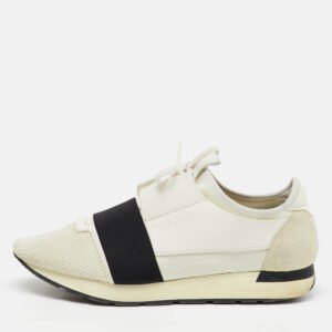 Balenciaga White/Black Leather, Neoprene and Mesh Race Runner Sneakers Size 44