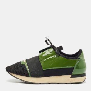 Balenciaga Black/Green Patent Leather and Mesh Race Runner Sneakers Size 41