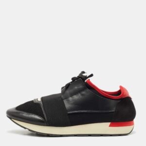 Balenciaga Black/Red Leather And Mesh Race Runner Low Top Sneakers Size 43