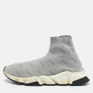 Balenciaga Light Grey Knit Fabric Allover Logo Speed Trainer Slip On Sneakers Size 42