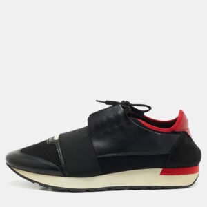 Balenciaga Black/Red Leather and Mesh Race Runner Low Top Sneakers Size 42