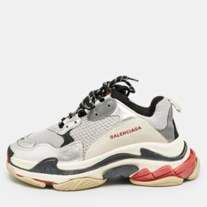 Balenciaga Silver Leather and Mesh Triple S Sneakers Size 41