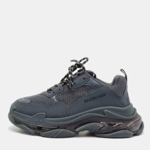 Balenciaga Navy Blue Faux Leather and Mesh Triple S Clear Sole Sneakers Size 41