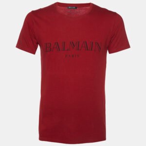 Balmain Red Logo Print Cotton Crew Neck T-Shirt XS