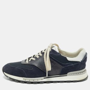 Berluti Navy Blue Leather and Suede Run Track Lace Up Sneakers Size 42.5