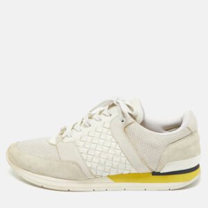 bottega veneta cream/grey intrecciato leather and suede lace up sneakers size 42