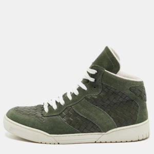 Bottega Veneta Olive Green Suede and Intrecciato Leather High Top Sneakers Size 42