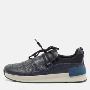 Bottega Veneta Navy Blue Leather and Fabric Intrecciato Lace Up Sneakers Size 42