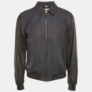 luxury-men-burberry-used-clothes-p1148854-005 Burberry Navy Blue Cotton & Black Leather Zip Front Jacket M
