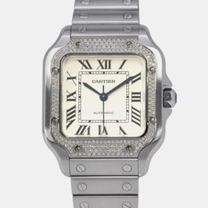 luxury-men-cartier-used-watches-p1164655-009 Cartier White Stainless Steel Diamond Santos W4SA0005 Men's Wristwatch 35mm