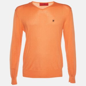 CH Carolina Herrera Orange Cotton Knit V-Neck Sweater S