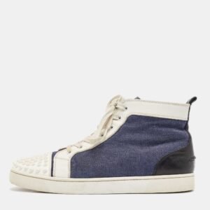 Christian Louboutin White/Blue Leather Lou Degra Spike High Top Sneakers Size 43.5