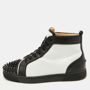 Christian Louboutin White/Black Leather Lou Crystal Embellished Spikes Orlato Sneakers Size 42