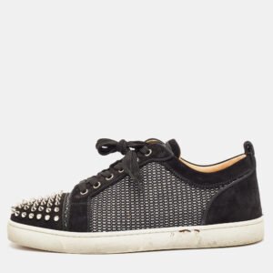 Christian Louboutin Black Suede and Woven Fabric Louis Junior Spikes Orlato Sneakers Size 43.5