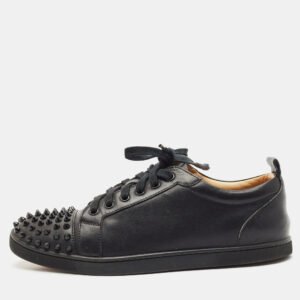 Christian Louboutin Black Leather Louis Junior Spikes Low Top Sneakers Size 40.5