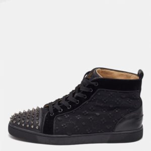 christian louboutin black fabric and leather lou spikes high top sneakers size 45