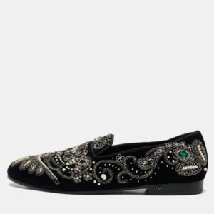 Dolce & Gabbana Black Velvet Embroidered and Embellished Smoking Slippers Size 42