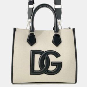 Dolce & Gabbana Logo Natural/Black Canvas Leather Tote Bag