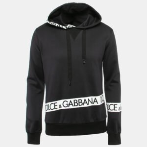Dolce & Gabbana Black Logo Tape Print Cotton Hooded Sweatshirt S
