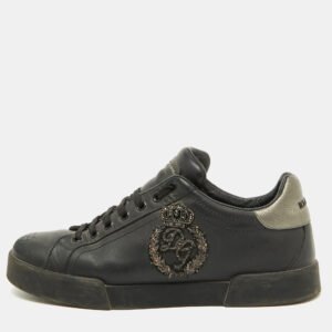 Dolce & Gabbana Black Leather Portofino Crown Patch Sneakers Size 41