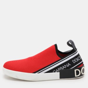 Dolce & Gabbana Red/Black Knit Fabric Portofino Slip On Sneakers Size 40