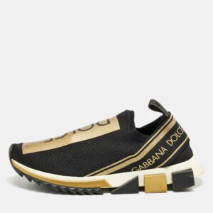 Dolce & Gabbana Gold/Black Knit Fabric Sorrento Slip On Sneakers Size 43