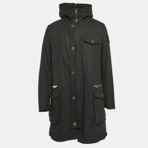Emporio Armani Black Wool Zip-Up Hooded Long Coat M