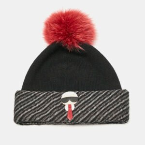 Fendi x Karl Lagerfeld Black Applique Cashmere Pom Pom Beanie