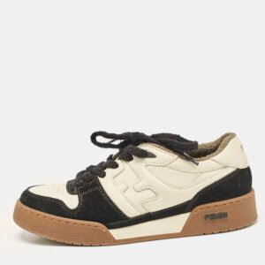 Fendi Cream/Black Leather And Suede Match Lace Up Sneakers Size 38