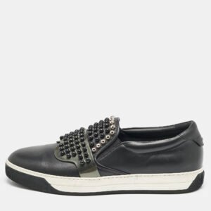 Fendi Black Leather Karlito Studded Low Top Slip On Sneakers Size 44