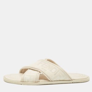 Fendi Off White Zucca Fabric and Leather Crisscross Flat Slides Size 42