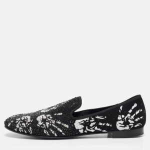 Giuseppe Zanotti Black/White Hand Print Suede Crystal Embellished Smoking Slippers Size 41.5