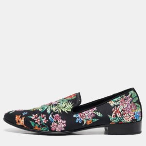 Giuseppe Zanotti Black/Multicolor Floral Print Satin Crystals Smoking Slippers Size 41