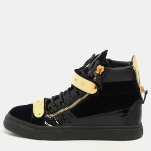 Giuseppe Zanotti Navy Blue/Black Velvet And Patent Leather Coby High Top Sneakers Size 41