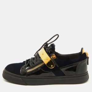 Giuseppe Zanotti Navy Blue/Black Velvet and Patent Leather Double Zip Low Sneakers Size 41