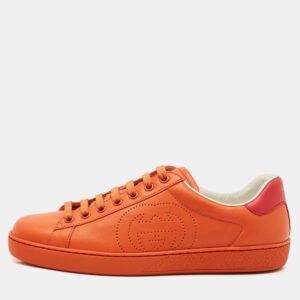 Gucci Orange Perforated Interlocking G Leather Ace Sneakers Size 40.5