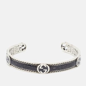 Gucci Interlocking GG Enamel Sterling Silver Cuff Bracelet 17
