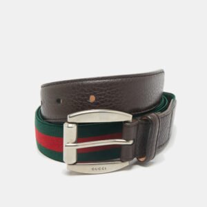 Gucci Brown Leather and Elastic Web Buckle Belt 90CM