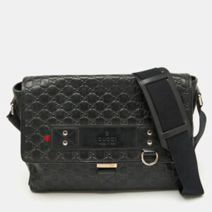 Gucci Black Guccissima Leather Flap Messenger Bag