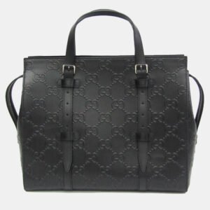 Gucci Black Leather Perforated GG Embossed Tote Bag
