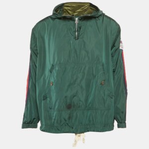 Gucci Green Logo Applique Nylon Web Trim Detail Hooded Windbreaker Jacket S