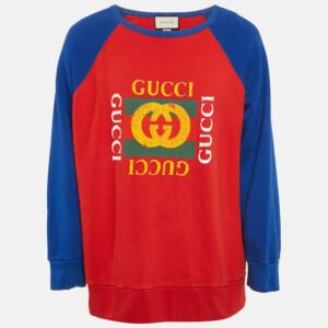 Gucci Blue/Red Vintage Logo Print Cotton Knit Crewneck Sweatshirt XL