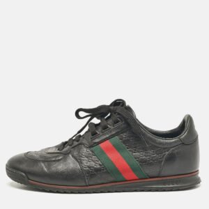 Gucci Black Guccissima Leather Web Low Top Sneakers Size 43.5