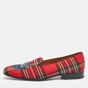 Gucci Multicolor Tartan Canvas Wolf Embroidered Slip On Loafers Size 44