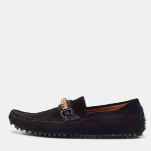 Gucci Black Suede Bamboo Horsebit Slip On Loafers Size 44.5