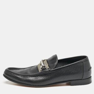 gucci black perforated leather horsebit web slip on loafers size 42.5
