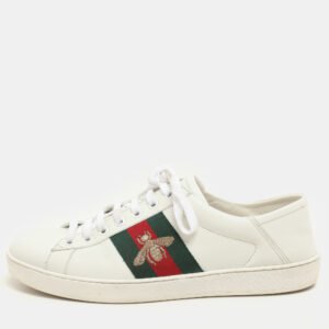 Gucci White Leather Ace Bee Embroidered Low Top Sneakers Size 40.5