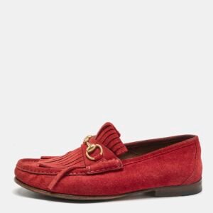 Gucci Red Suede Fringe Slip On Loafers Size 40