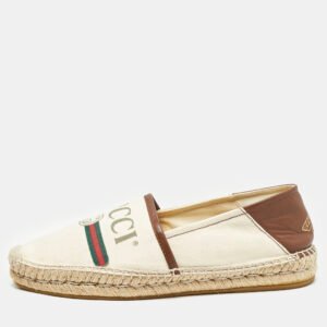 Gucci Cream/Dark Brown Canvas and Leather Logo Slip On Espadrille Flats Size 39